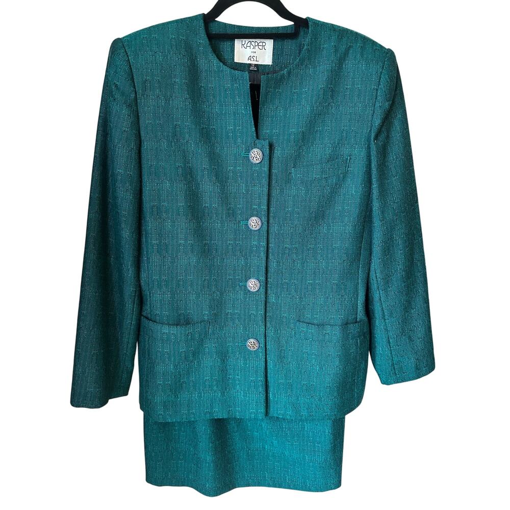 VTG KASPER A.S.L 2 Piece Jade Green Long Sleeve Skirt Suit Women's Size 12